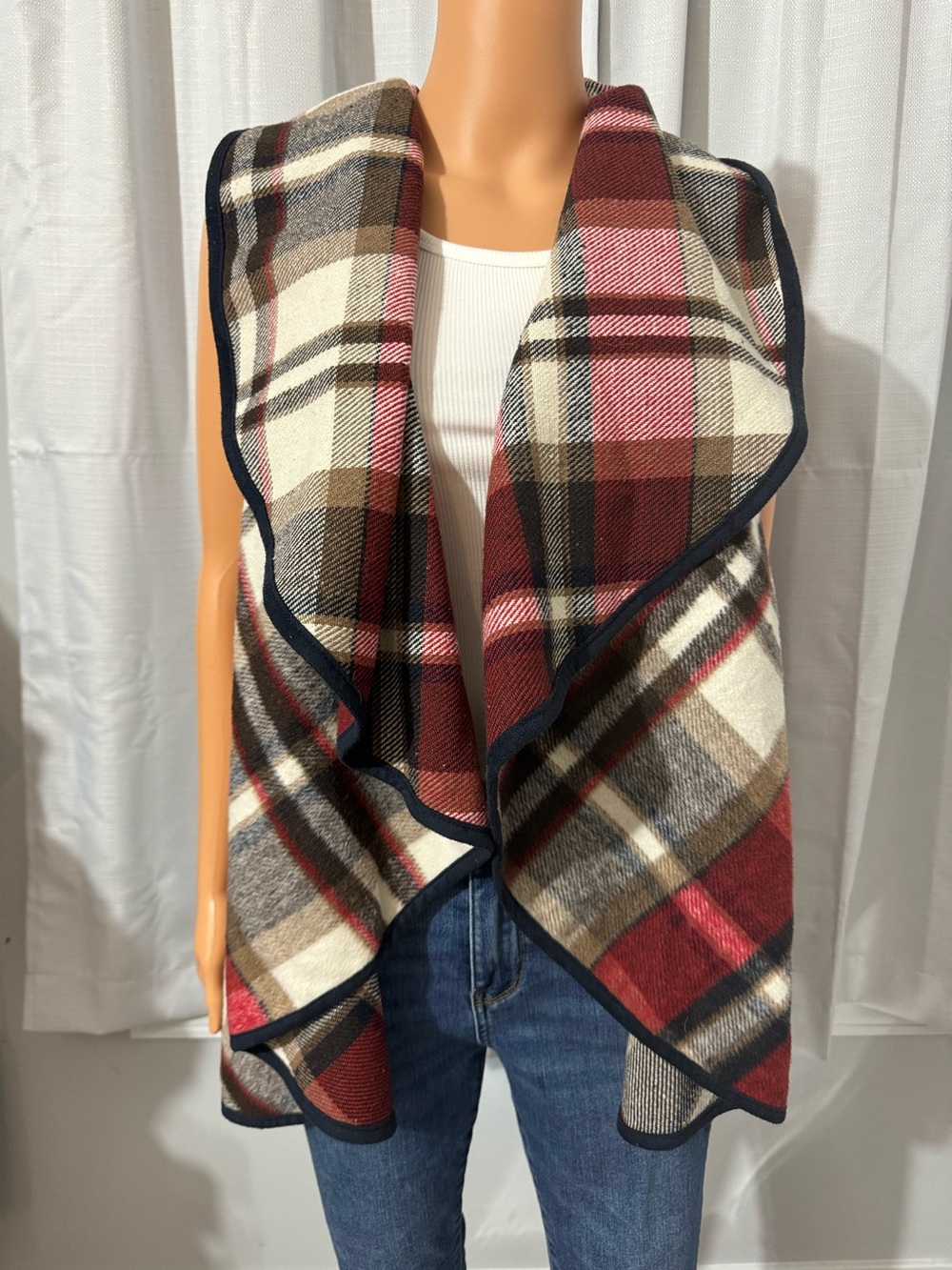 Cool Altar'd State size S red black plaid open front sleeveless cardigan sweater